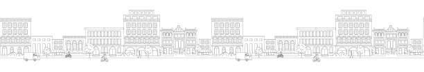 도시 경관, 주택, 건물, 보행자가있는 거리, 교통. 원활한 패턴 테두리 - flat line stock illustrations
