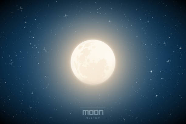 Vector illustration with full moon in blue night starry sky Space background with Earth Satellite. White celestial object for planetarium or astronomy calendar moon stock illustrations