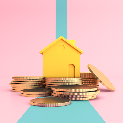 Minimal concept of house above the pile of gold coins on pastel background. 3D rendering.