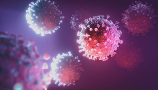 istock Concept of multiple covid 19  coronavirus on purple background. 3d illustration. 1222761218