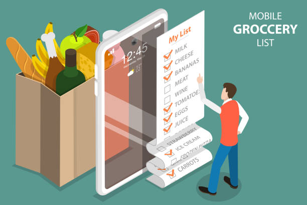 ilustrações de stock, clip art, desenhos animados e ícones de 3d isometric vector concept of mobile grocery list, shopping list app. - food shopping