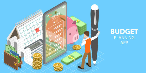 예산 계획 모바일 앱의 3d 아이소메트릭 플랫 벡터 개념. - budget stock illustrations