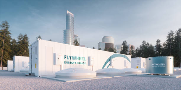 도시 전기 공급을 위해 설계된 플라이 휠 에너지 저�장 시스템 장치. 3d 렌더링. - flywheel 뉴스 사진 이미지