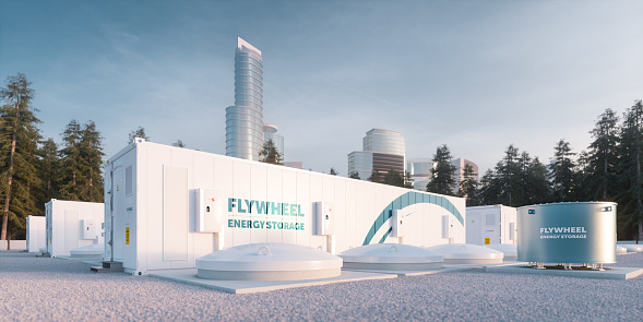 Flywheel energy storage system units designed for city electric supply. 3d rendering.