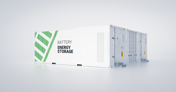 Concepto de unidad de almacenamiento de energía - múltiples contenedores conectados con baterías. 3d rendnering. photo