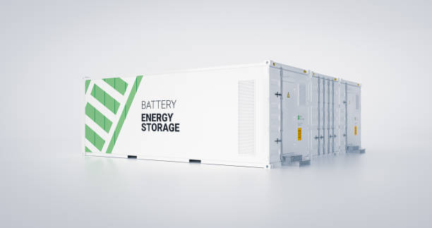 concept d’unité de stockage d’énergie - plusieurs conteneurs connectés avec des batteries. 3d rendnering. - ion photos et images de collection