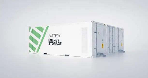 Photo of Concept of energy storage unit - multiple conected containers with batteries. 3d rendnering.