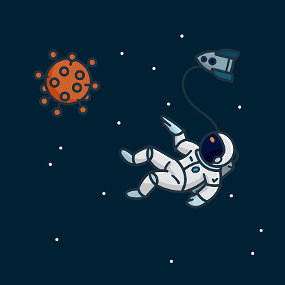Astronaut in space, pointing at corona virus shaped planet, isolated vector illustration.
