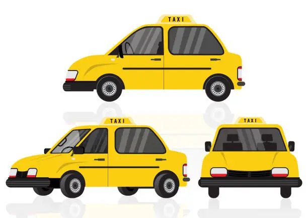 Vector illustration of Taxi yellow car cab isolated on white background for animation, front, side, 3-4 view character. Vehicle, flat icon vector Illustration
