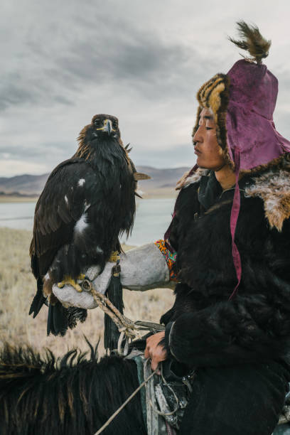 istock Eagle hunter looking in the eyes of eagle in desert in Mongolia 1222763025