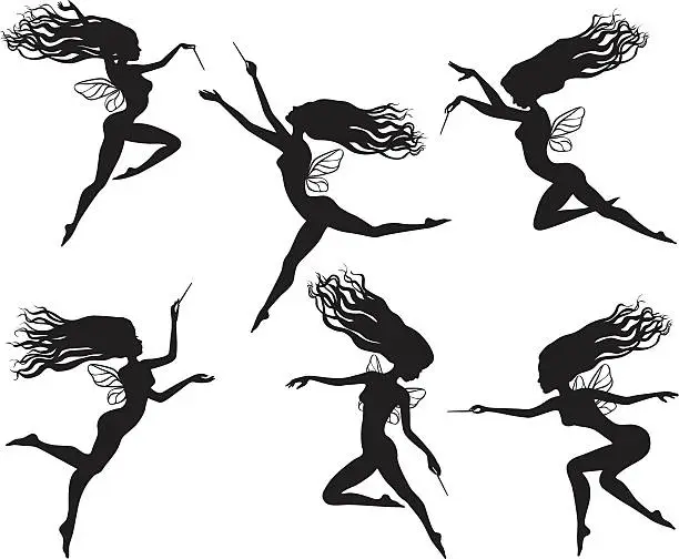 Vector illustration of Fairy silhouettes with long hair and wands