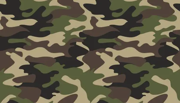 Vector illustration of Camouflage pattern background vector. Classic clothing style masking camo repeat print. Virtual background for online conferences, online transmissions. Green brown black olive colors forest texture