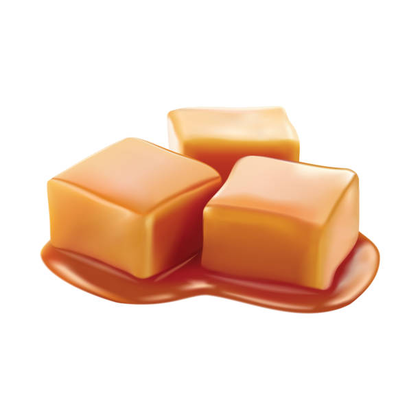 stockillustraties, clipart, cartoons en iconen met karamel snoepjes geglazuurd met toffee saus. vectorontwerp geïsoleerd op witte achtergrond. 3d realistisch karamel slice vector ontwerp. - caramel