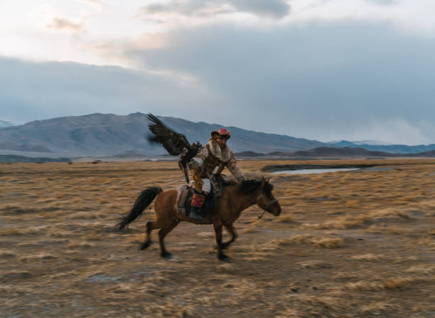 istock Eagle hunter on horse in steppe in Mongolia 1222766097
