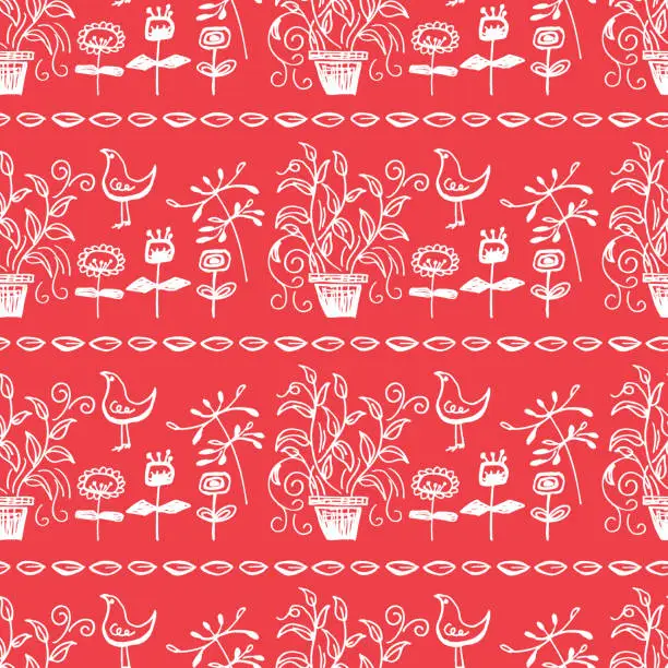 Vector illustration of Doodle Seamless Pattern In Rows With Plants