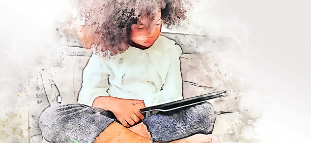 Abstract happiness family kid girl reading tablet smart on bedroom on watercolor illustration painting background.
