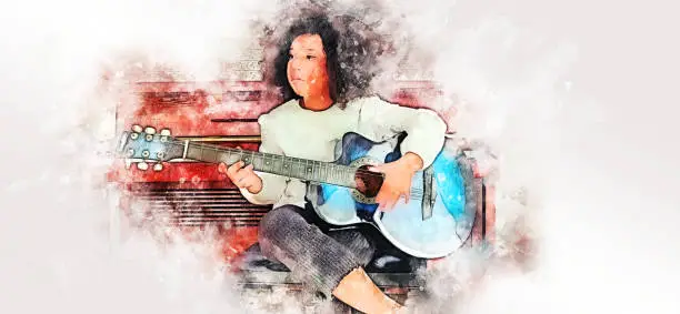 Photo of Abstract colorful girl playing acoustic guitar and piano keyboard on watercolor illustration painting background.