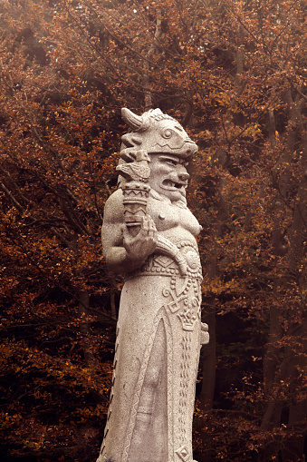 View of the antique statue of Radegast, Slavic god of War and Hospitality, in Radhost mountain, Moravia, Czech Republic.