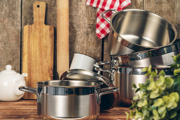 istock Set of stainless steel saucepans in a kitchen 1222773345