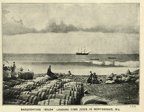 Vintage photograph of Barrels of lime juice waiting to be loaded on to a ship, Montserrat, 19th Century, 1895.  Barquentine Hilda loading lime juice