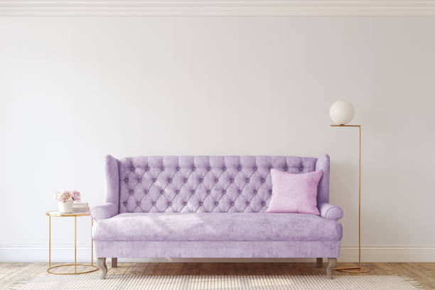 istock Romantic living room with the violet couch. 3d render. 1222774930