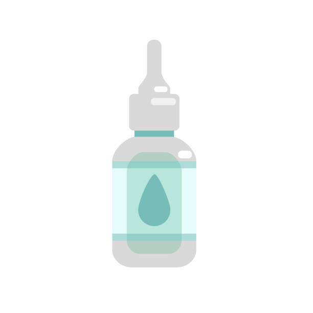Vector flat illustration  bottle of nasal spray, eye drops isolated on white background. Vector flat illustration  bottle of nasal spray, eye drops isolated on white background. Design for clinics, hospitals, pharmacies, poster, medical apps and websites nasal spray stock illustrations