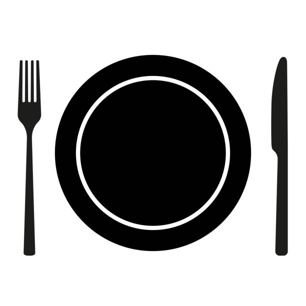 흰색 배경에 고립 된 칼과 포크와 접시 - plate silverware fork table knife stock illustrations