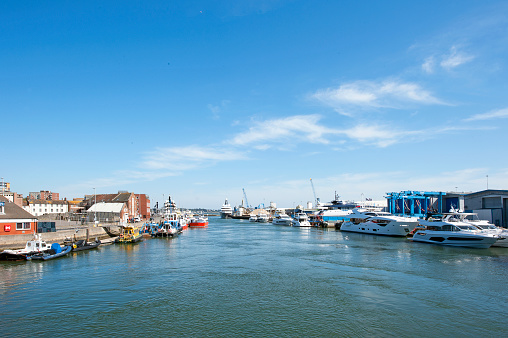 Large marina with various Yachts and boats,aerial view