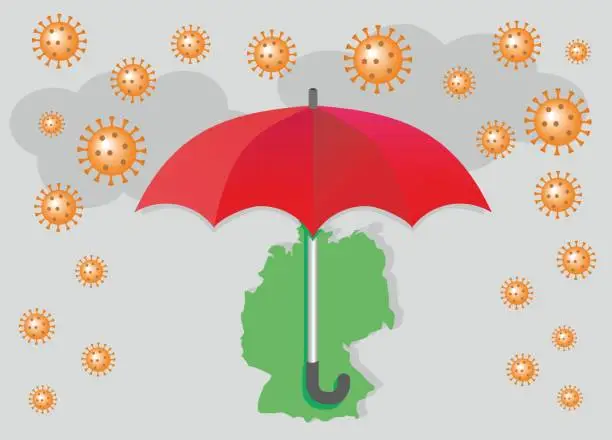 Vector illustration of Red Umbrella protect against suffer and sorrows of Corona virus, German map. Vector illustration.