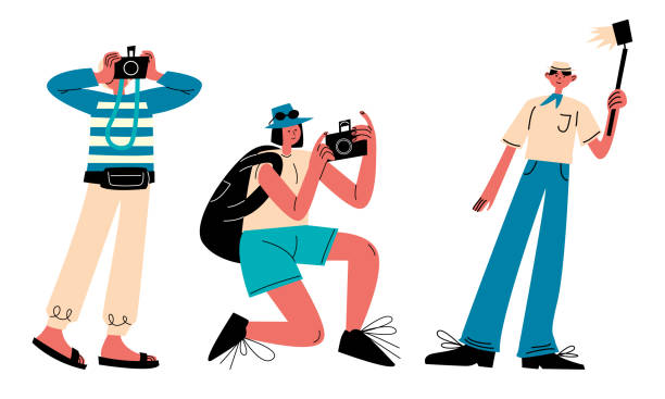 Set of people enjoying travelling and exploring world with camera vector illustration Set of isolated hand drawn people enjoying travelling and exploring world with camera over white background vector illustration. Travelling, vacations and active lifestyle concept tourist stock illustrations