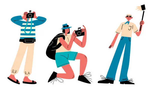 Vector illustration of Set of people enjoying travelling and exploring world with camera vector illustration