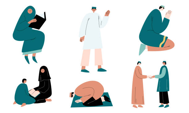 ilustrações de stock, clip art, desenhos animados e ícones de set of muslim women and men in traditional clothing praying and greeting vector illustration - islam praying mosque ramadan