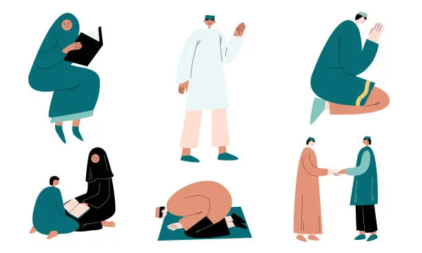 Vector illustration of Set of muslim women and men in traditional clothing praying and greeting vector illustration