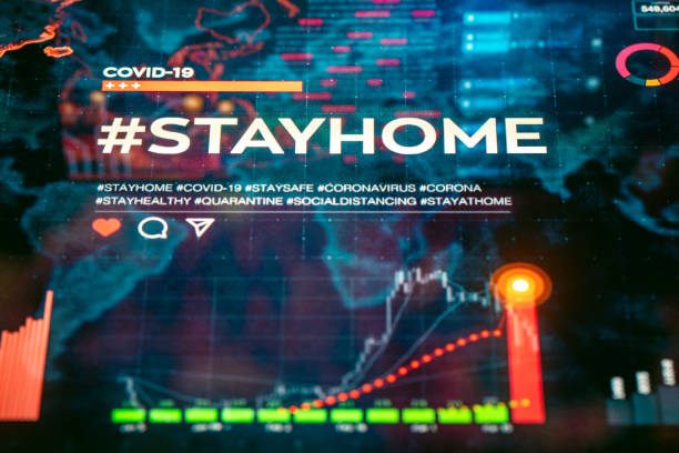 istock #stayhome. Stay home hashtag close-up on digital display 1222780351