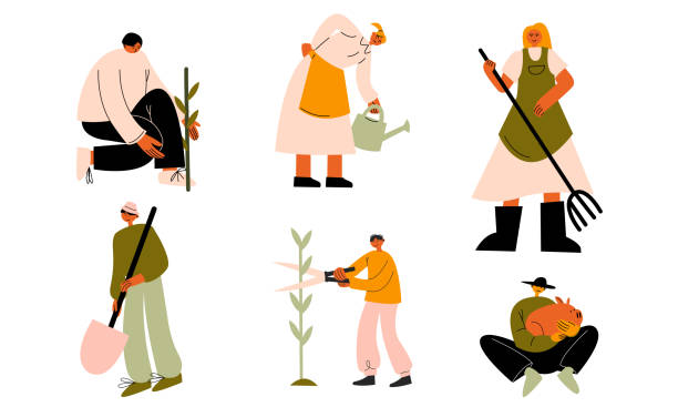People farmers taking care of animals and harvest vector illustration Set of isolated hand drawn happy men and women farmers taking care of animals and harvest over white background vector illustration. Clean eating and living on nature lifestyle concept agriculture illustrations stock illustrations