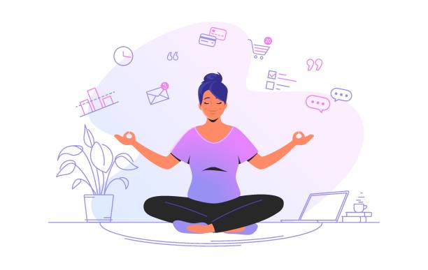 Working and meditating at home Working and meditating at home. Flat line vector illustration of cute woman sitting at home in lotus pose and concentrating before working. Time management concept design isolated on white background financial wellbeing stock illustrations