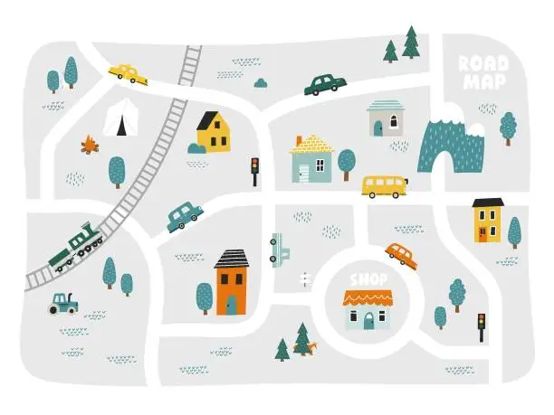 Vector illustration of Cute town map for kid's room. Hand drawn vector illustration. Nursery concept for bedding, poster