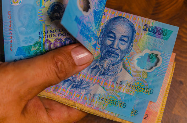 Vietnam Dong in male hands A collection of 20000 Vietnamese Dong  banknotes in a male hand. Man hand show Vietnam Dong banknotes. Mans hands holding money of Vietnam. Asian currency. Close up to Dong notes. dong stock pictures, royalty-free photos & images