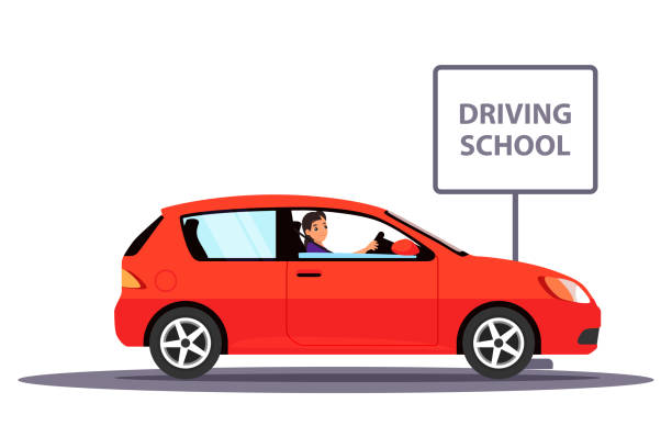 ilustrações, clipart, desenhos animados e ícones de mulher em vermelho dirigindo carro escolar isolado em branco - car workshop service expertise