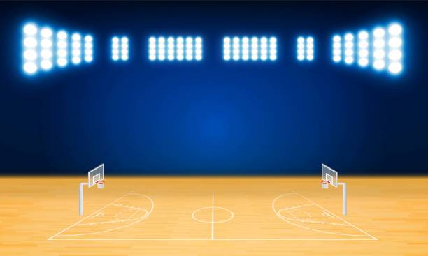 istock Basketball arena field with bright stadium lights design. Vector illumination 1222785265