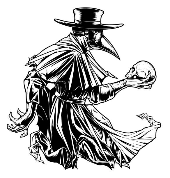 Plague doctor with skull black and white Vectorized ink drawing of plague doctor with human skull. epidemic stock illustrations