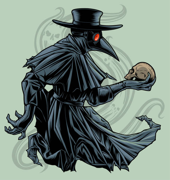 Plague doctor with skull Vectorized ink drawing of plague doctor with human skull. black plague doctor stock illustrations