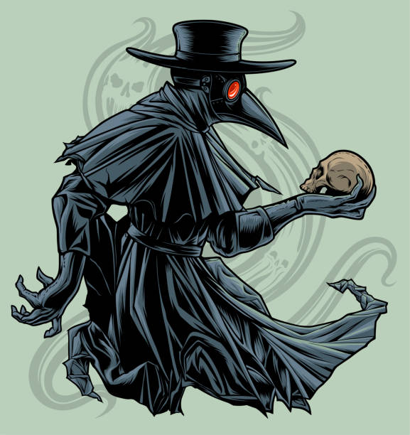 Plague doctor with skull Vectorized ink drawing of plague doctor with human skull. epidemic stock illustrations