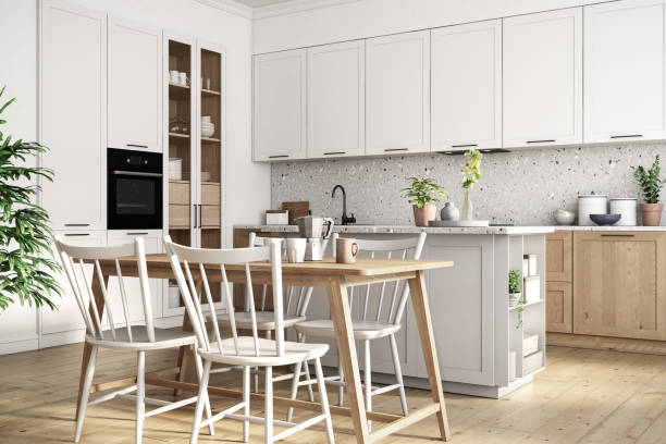 istock Modern scandinavian kitchen and dining room interior stock photo 1222785776