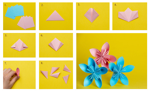 Step-by-step photo instructions on how to make a flower out of paper using the origami technique. DIY concept. Children's gift for mom on Mother's Day or International Women's Day.