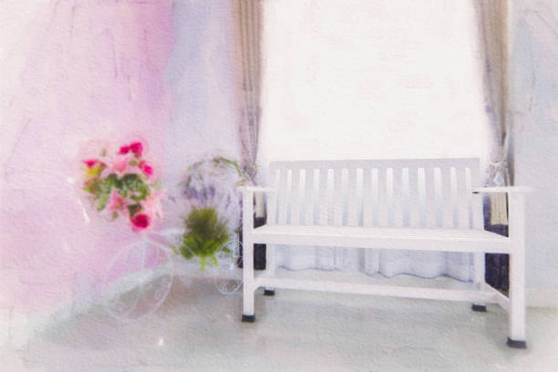 Watercolor painting white chair in the room, Modern designer chair on white background. Interior of living room modern style with fabric sofa and empty white wall.