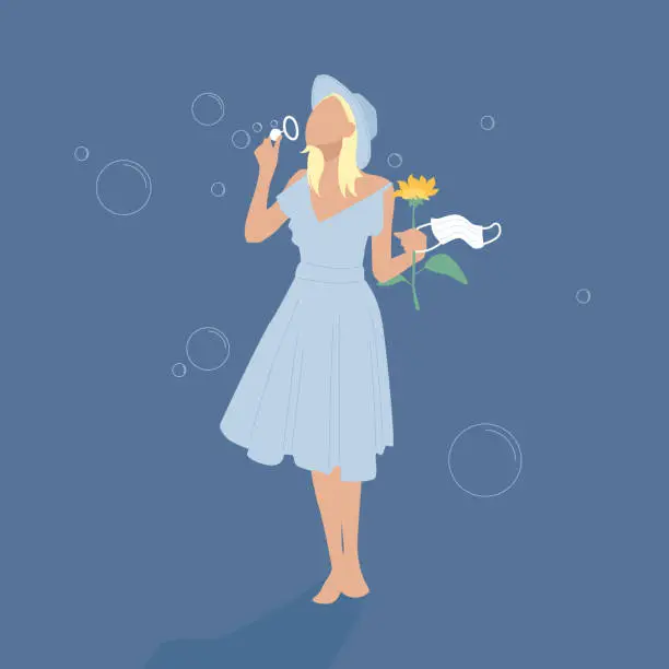 Vector illustration of A happy girl in a blue dress and hat blows soap bubbles, holding a flower and a medical mask. Illustration for the end of the coronavirus. Happiness from a free life.