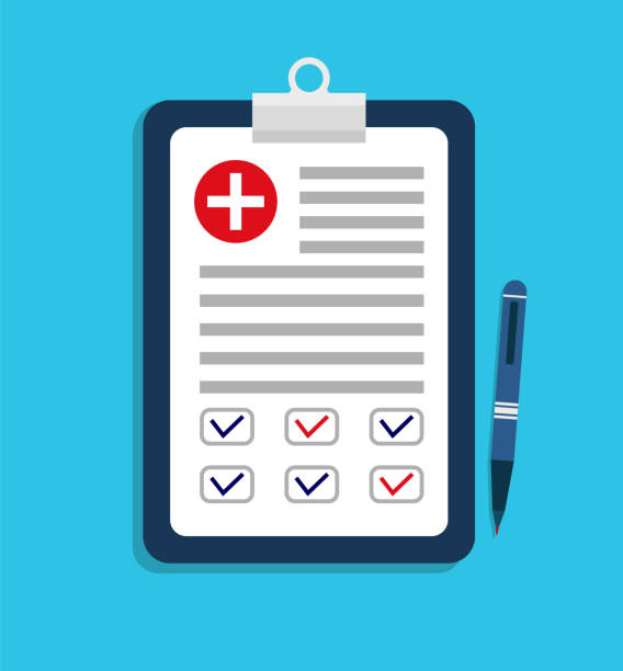 ilustrações de stock, clip art, desenhos animados e ícones de medic plan. medical test of health. form of doctor report. checkup patient in laboratory and record. prescription after diagnostic. clinical document with questionnaire on the board with pen. vector - health plan