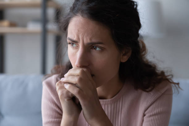 istock Frustrated stressed young woman thinking of difficult decision. 1222788680