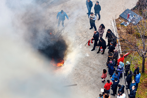March, 2020 - Ankara, Turkey: Employee fire safety training with fire extinguishers in Ankara, Turkey.